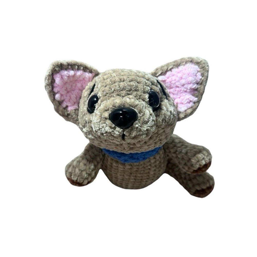 "Handmade Tan Crochet Puppy Dog with Blue Collar – Cuddly and Cute Plush Toy"